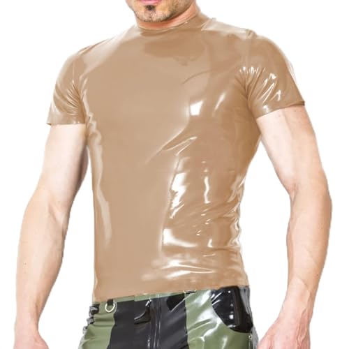 Herren Kunstleder Elastische Stange Bühnenleistung Slim Tops Kleidung Kostüm, Hellbraun, XS