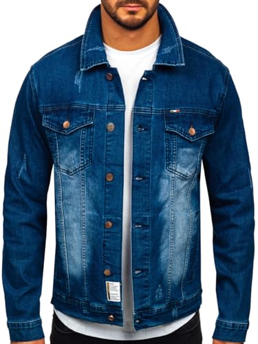 BOLF Herren Jeansjacke Übergangsjacke Trucker Jacket Jeans Denim Jacket Freizeitjacke Vintage Retro Classic Street Style Basic Casual Style MJ525BS Dunkelblau S [4D4]