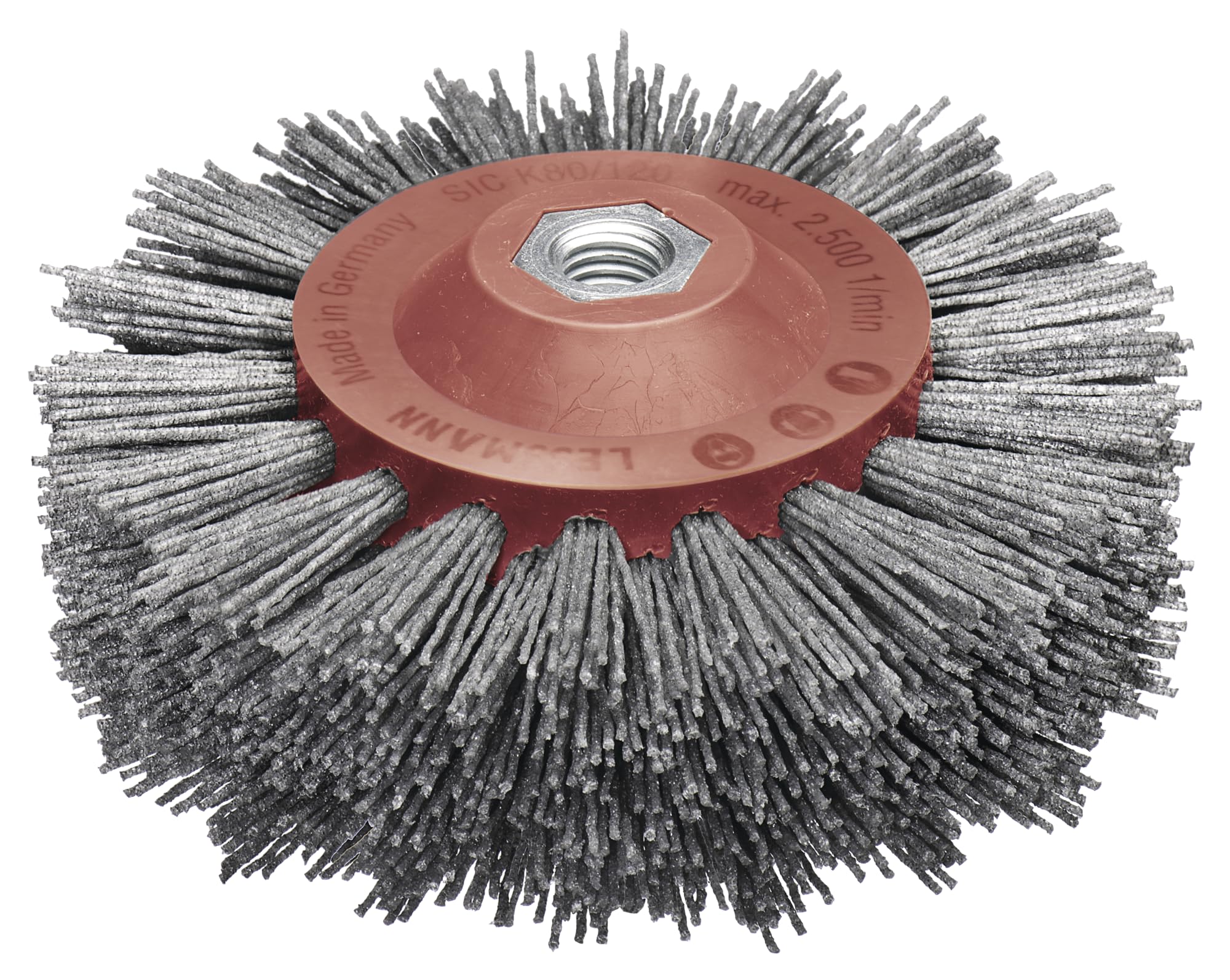 Lessmann Rundbürste gestanzt grau ø 140 mm (18 x 13 Reihen, Aufnahme: M14, Fadenstärke 1,2 mm Schleifborsten mit Siliziumcarbidkorn, zur Holzbearbeitung geeignet, für großflächige Oberflächen) 402890