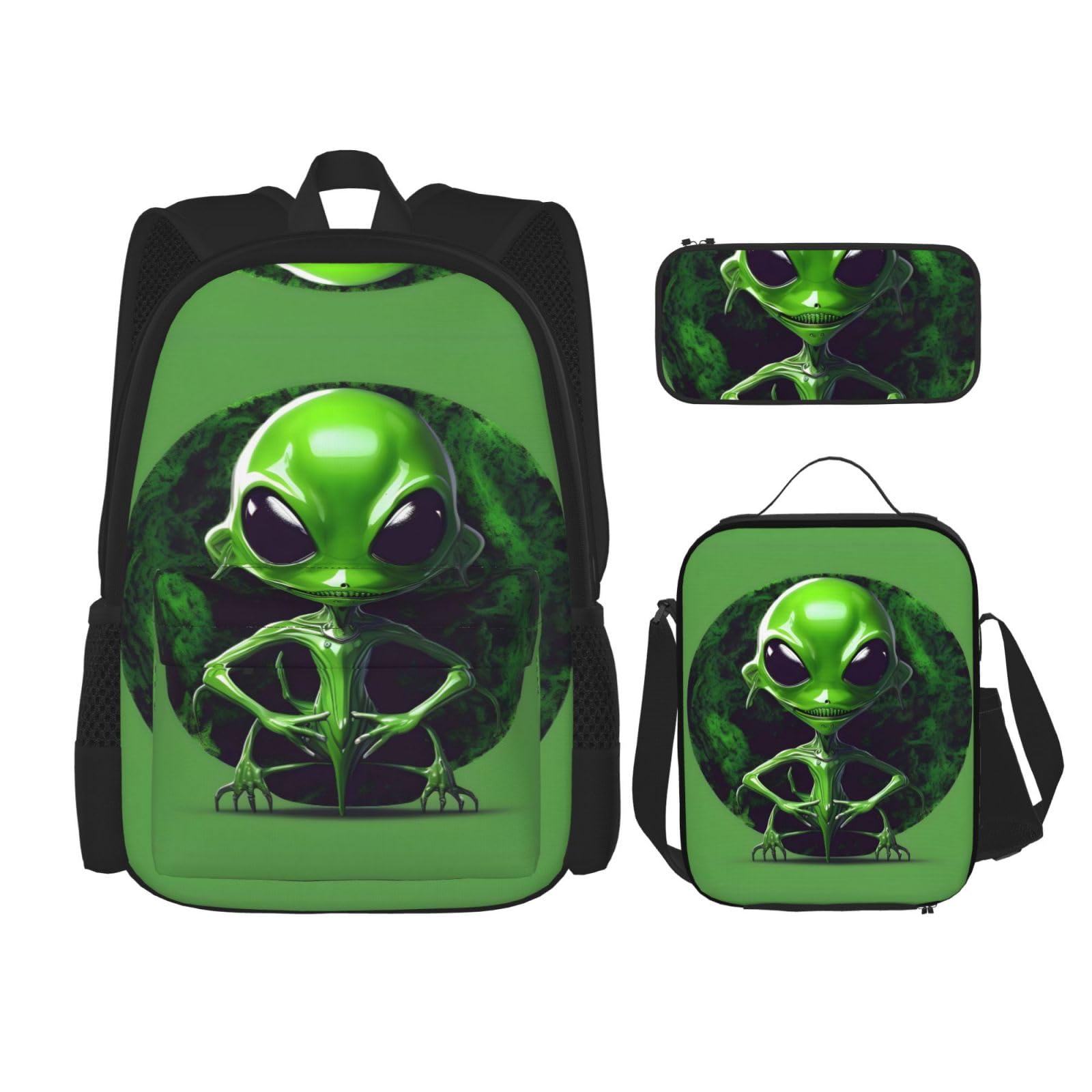 YQxwJL 3-in-1-Rucksack-Büchertaschen-Set, grüner Alien-Druck, lässiger Reiserucksack, mit Federmäppchen, Lunchtasche, Green Alien, Einheitsgröße