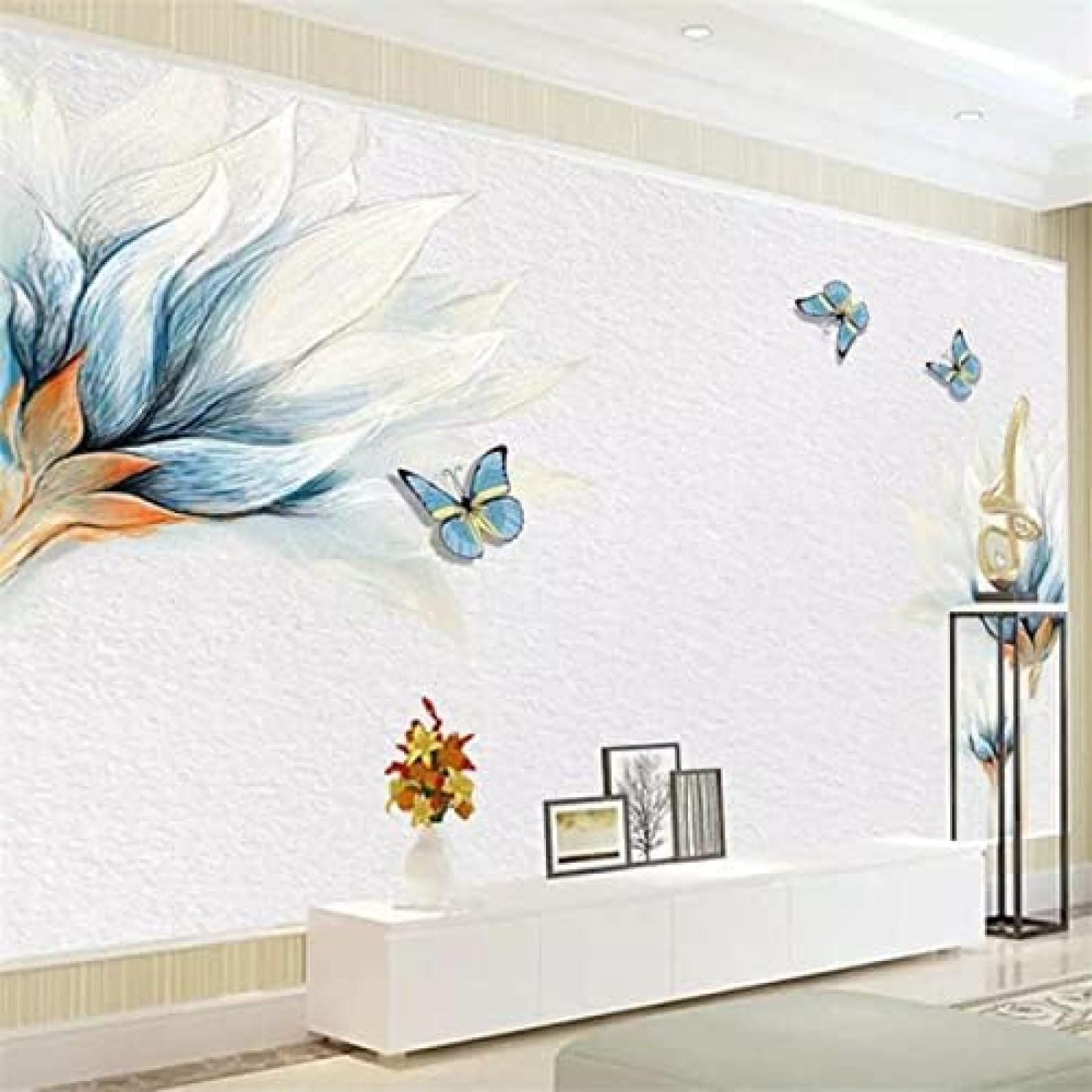 XLMING Blaue Handgemalte Blume Schmetterling 3D Tapete Wohnzimmer Sofa Schlafzimmer Esszimmer Home Dekoration Wand-250cm×170cm