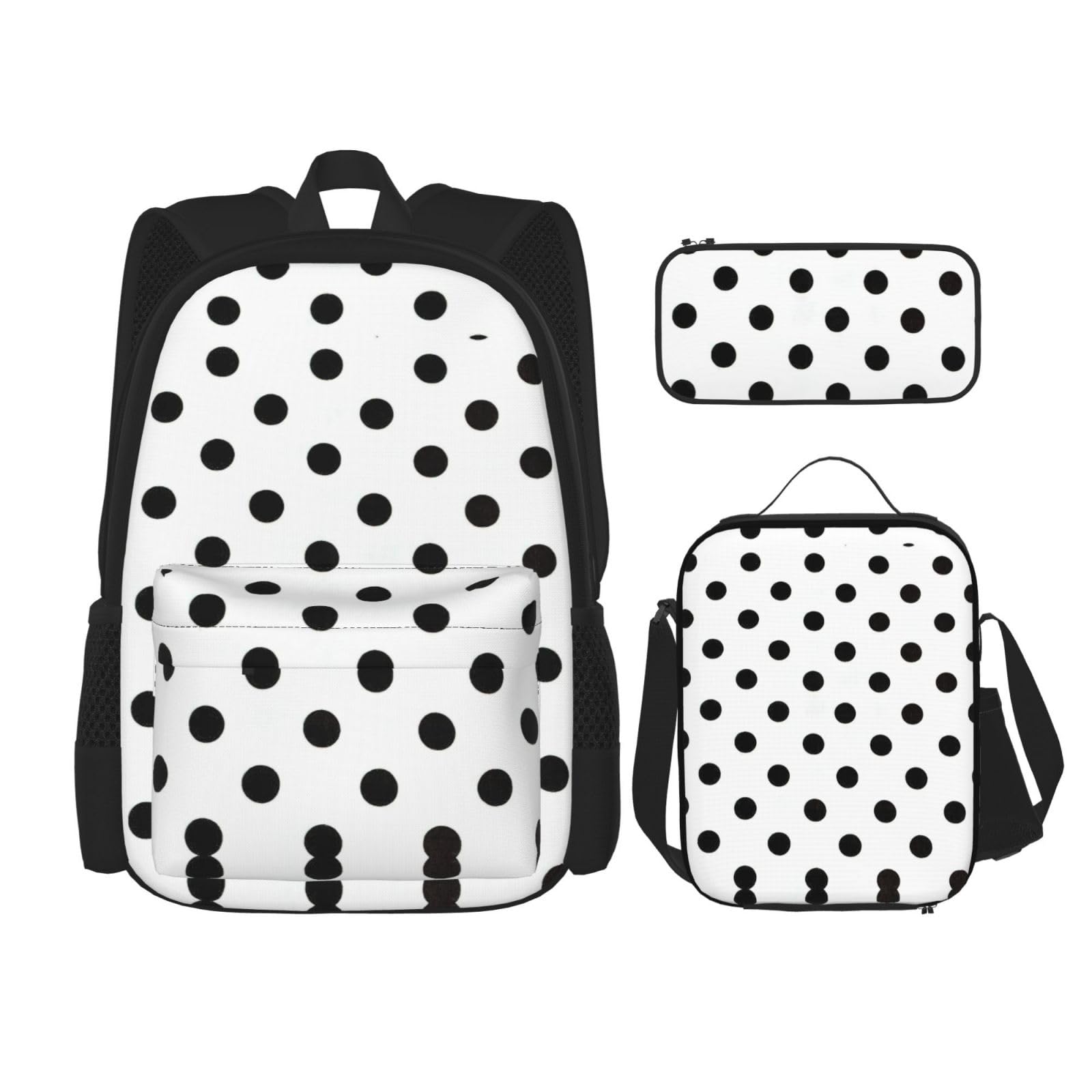 WURTON Trendige Rucksacktaschen, Lunchbox und Federmäppchen, 3-in-1, verstellbares Rucksack-Set mit Punktemuster, Schwarz , Einheitsgröße