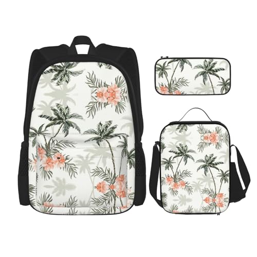 WURTON Schulrucksack-Set mit tropischen Palmen, 3-in-1, Büchertasche, Set mit Lunchbox, Federmäppchen, Reise, Laptop, Tagesrucksack