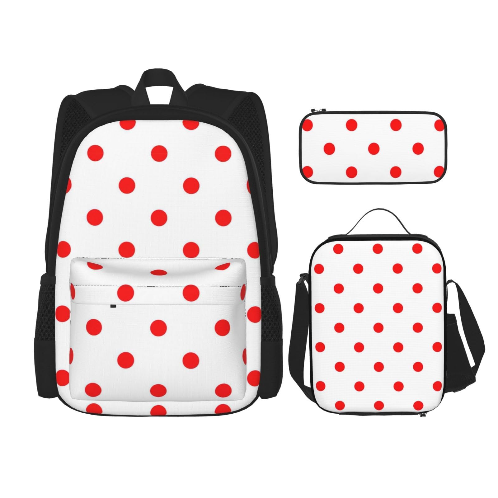 WURTON Polka Dot.Print Trendy Rucksack Taschen Lunchbox und Federmäppchen 3 in 1 Verstellbarer Rucksack Set, Schwarz, One Size, Schwarz , Einheitsgröße