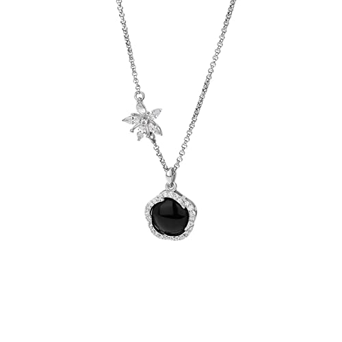 VSULZVNU Halskette mit schwarzem Onyx-Anhänger, Blumenform, dekorative Halskette, kreatives asymmetrisches Design, Schlüsselbeinkette, Damen-Halskette