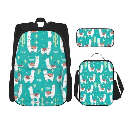 WURTON Schulrucksack-Set mit Alpaka-Kaktus-Aufdruck, 3-in-1 Büchertasche-Set mit Lunchbox, Federmäppchen, Reise, Laptop, Tagesrucksack