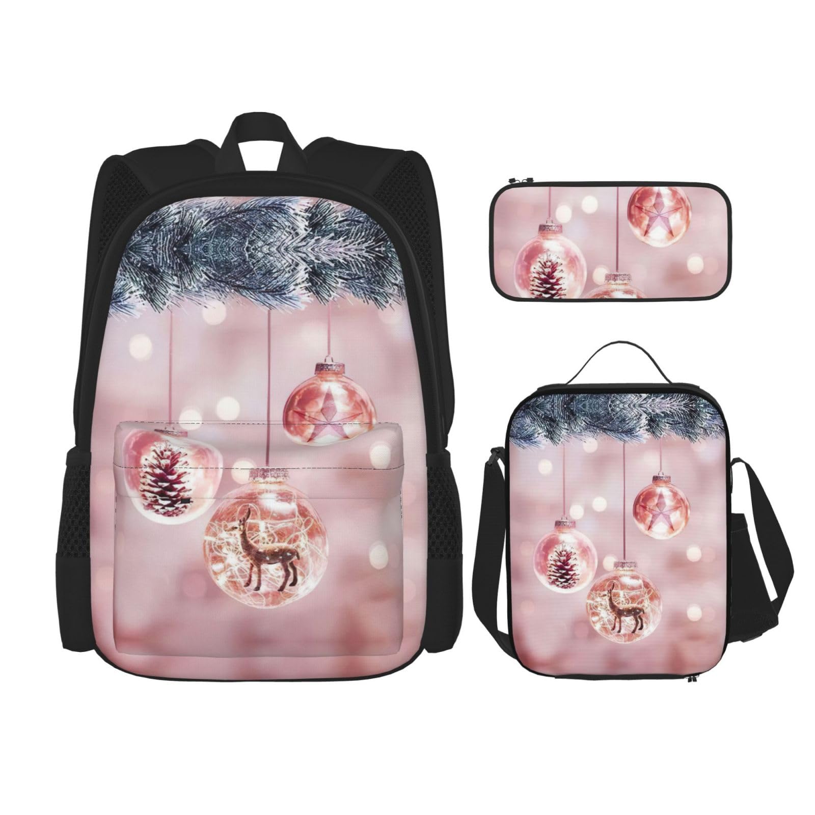 WURTON Rosa Weihnachtsball-Druck, verstellbare Schultergurte, Rucksack-Set, Lunchtasche, Federmäppchen, Kombinationstaschen-Set