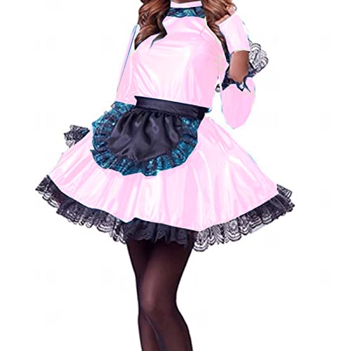 Dienstmädchenkleid Rosa Mädchen Frauen Uniform Prinzessin Kleider Club Party Kostüm Spitzenkleid Wuth Schürze, Laser Hellrosa, S