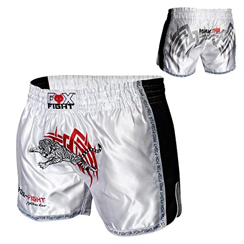 FOX-FIGHT Thai Short Tiger Fight Hosen Shorts Muay Thai Kickboxen UFC Kampfsport Boxen Training MMA XL Weiss