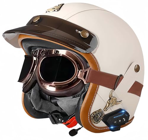 Bluetooth-Helme, Vintage-Motorrad-Halbhelm, ECE-geprüfter offener Mopedhelm mit doppelter Größenverstellung für Cruiser-Bikes, Erwachsene, Männer und Frauen G,M54-56CM