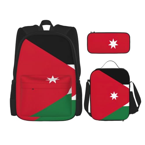 WURTON Rucksack mit Jordanischer Flagge, 3-in-1, Büchertaschen-Set, Lunchbox, Federmäppchen, Reise-Laptop-Tagesrucksäcke, Schwarz, Einheitsgröße, Schwarz, Einheitsgröße, Schwarz , Einheitsgröße