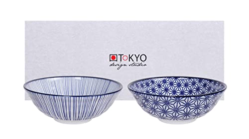 teeblume Tokyo Design Studio Nippon Blue 2-er Schalen-Set blau-weiß, Ø 21 cm, ca. 1000 ml, asiatisches Porzellan, Japanisches Design mit blauen Mustern, inkl. Geschenk-Verpackung