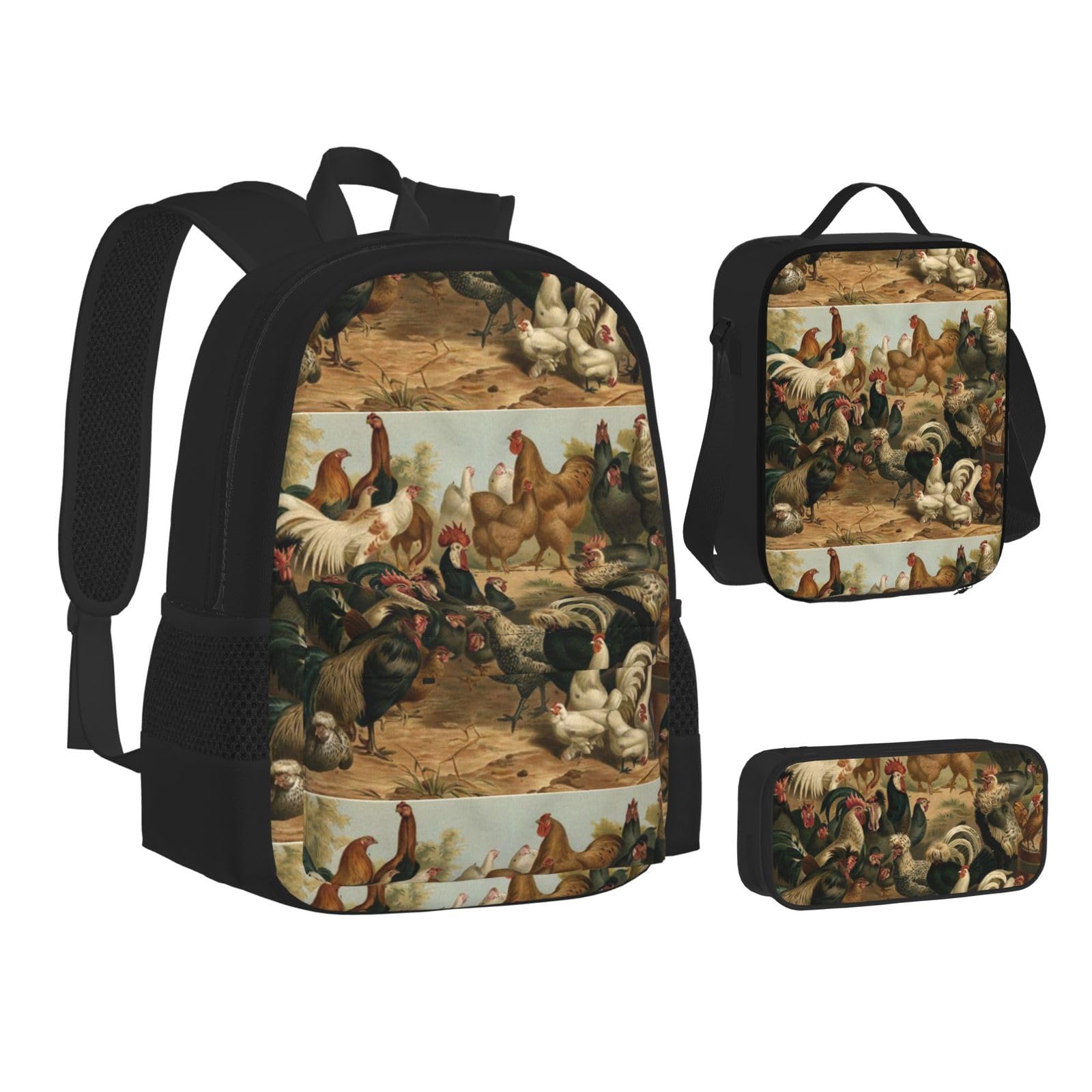 WURTON Rucksack, Lunchbox-Set, Motiv: Huhn und Hahn, 3-in-1 Büchertasche und Federmäppchen, passende Kombination, Schwarz, Einheitsgröße