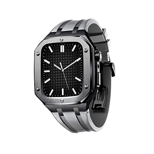 KANUZ Armband für Apple Watch, 45 mm, 44 mm, Militär-Metallgehäuse für iWatch Serie 7/SE/6/5/4, Silikonband, stoßfest, für Business, Freizeit, Stil (Farbe: Schwarzgrau, Größe: 44 mm FO)