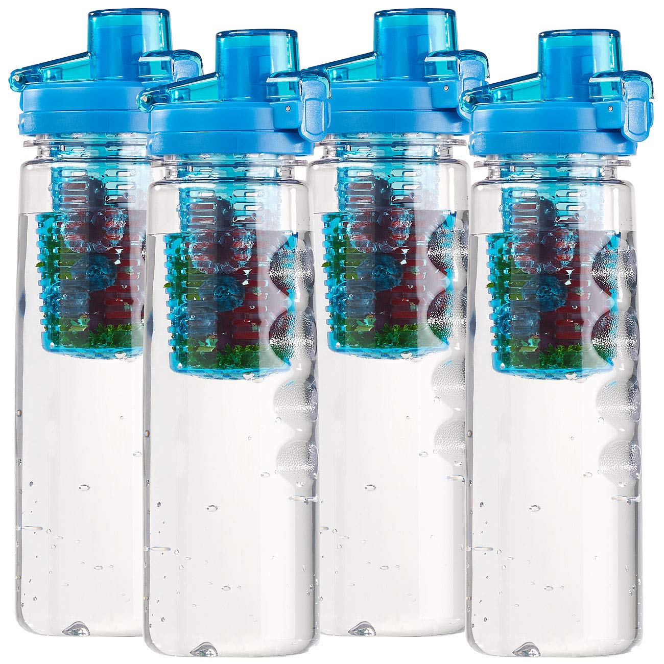 Rosenstein & Söhne Kunststoff-Trinkflasche: 4er-Set Tritan-Trinkflaschen mit Fruchtbehälter, BPA-frei, 800ml, blau (Trinkflasche mit Obsteinsatz, Infusions Flasche mit Deckel, Mitbringsel)