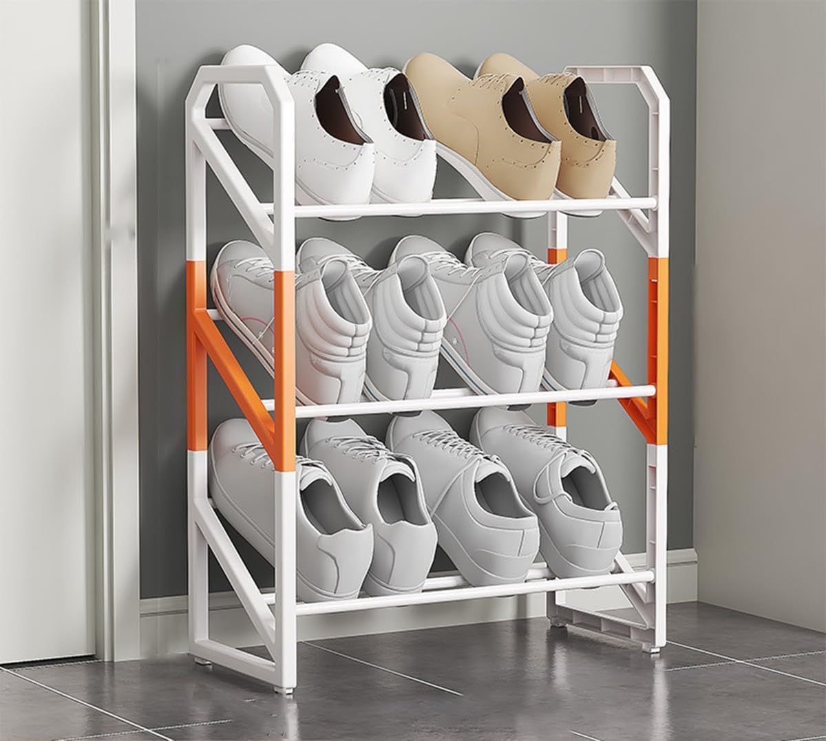 Schuhregal Kleine Mini-Schuhorganisatoren, schlankes Schuhregal, leichte Schuhaufbewahrung, Schuhständer-Organizer für stabilen, schmalen Schrankeingang, Flur und Ecke, platzsparend, Orange,