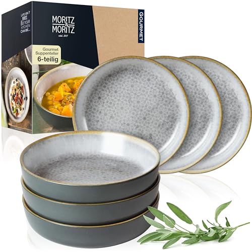 Moritz & Moritz TERRA 6-tlg Suppenteller grau je 700 ml - Ø 19 x 4,5 cm – in dezentem Grau aus hochwertigem Porzellan – tiefe Teller für Suppen, Salate, Müsli, Pasta uvm.