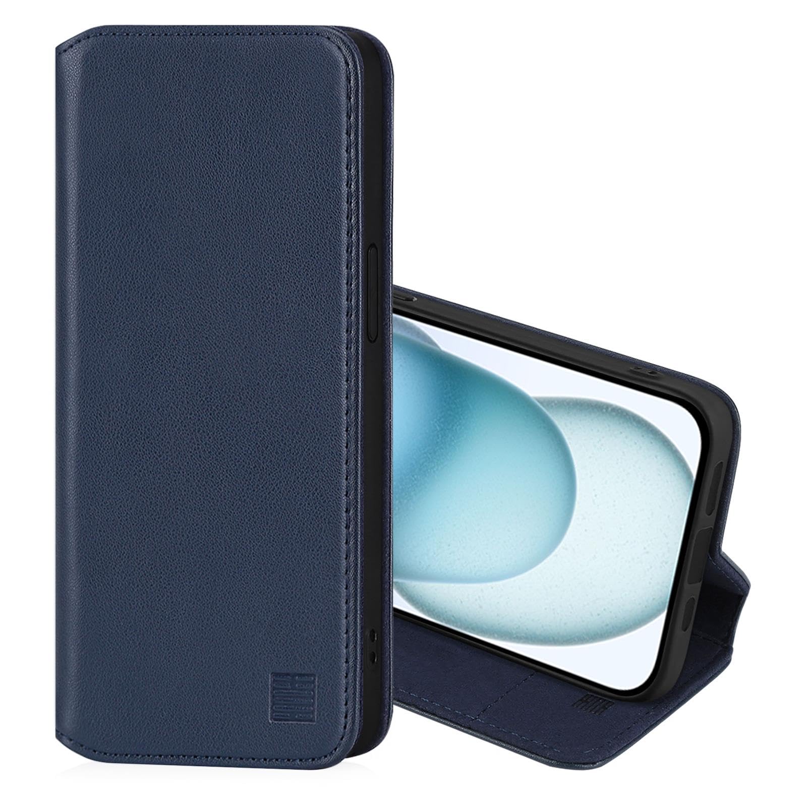 32nd Klassische Serie 2.0 - Lederhülle Case Cover für Apple iPhone 15 Plus (6.7"), Echtleder Hülle Mit RFID-Blockierung Kartensteckplatz, Magnetverschluss und Standfuß - Marineblau