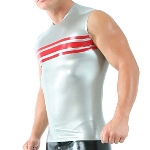 Streifen oben Sexy Latex Shirt Weste Gummi Kleidung Tank,silber mit rot,XXL