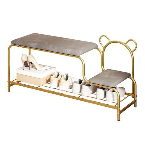 Platzsparender Schuhschrank Schuhregalbank for den Eingangsbereich, moderne goldene Schuhbank, 2-stöckiges Schuhregal aus Metall mit offenem Ablagefach und Schwammsitzkissen Schuhaufbewahrung(60x32x45