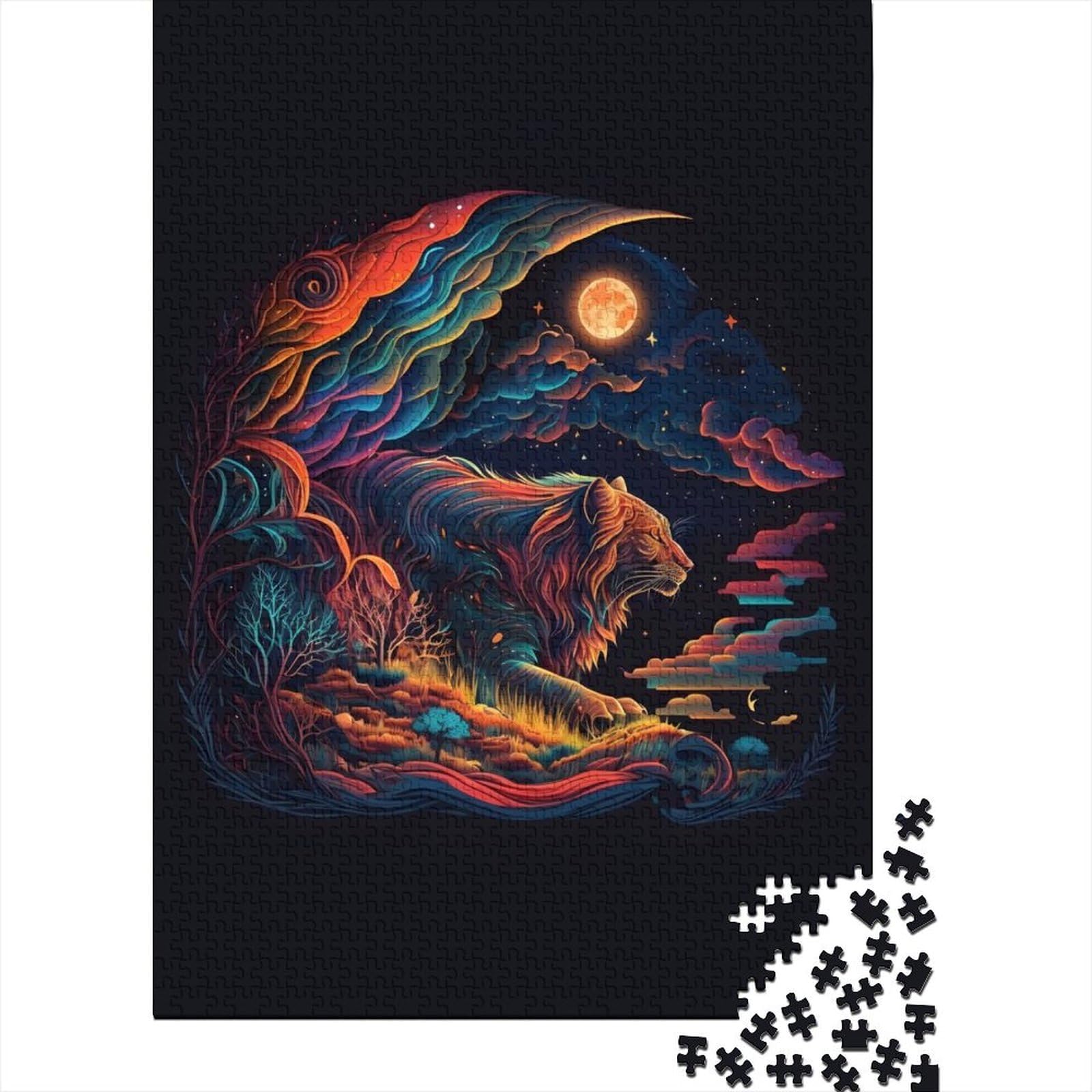 Tiger-Neonlichtfarben-Puzzles für Erwachsene, 1000 Stück, Holzpuzzles für Erwachsene und Teenager, ganze Familie und die (Größe: 75 x 50 cm)