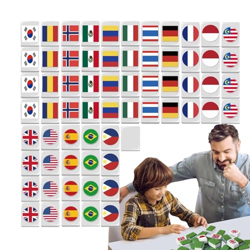 Huyeruie Kleines Mahjong-Set,Reise-Mahjong-Sets,Strategiespiel Mahjong Set | Partyspiele, Nationalflaggen-Bausteine, 64 Mahjong-Spielsteine ​​für einen lustigen Familienspielabend