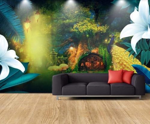 Grüner Baum Wald Baumhaus Pfau 3D Tapete Poster Restaurant Schlafzimmer Wohnzimmer Sofa TV Dekorative Wand-430cm×300cm