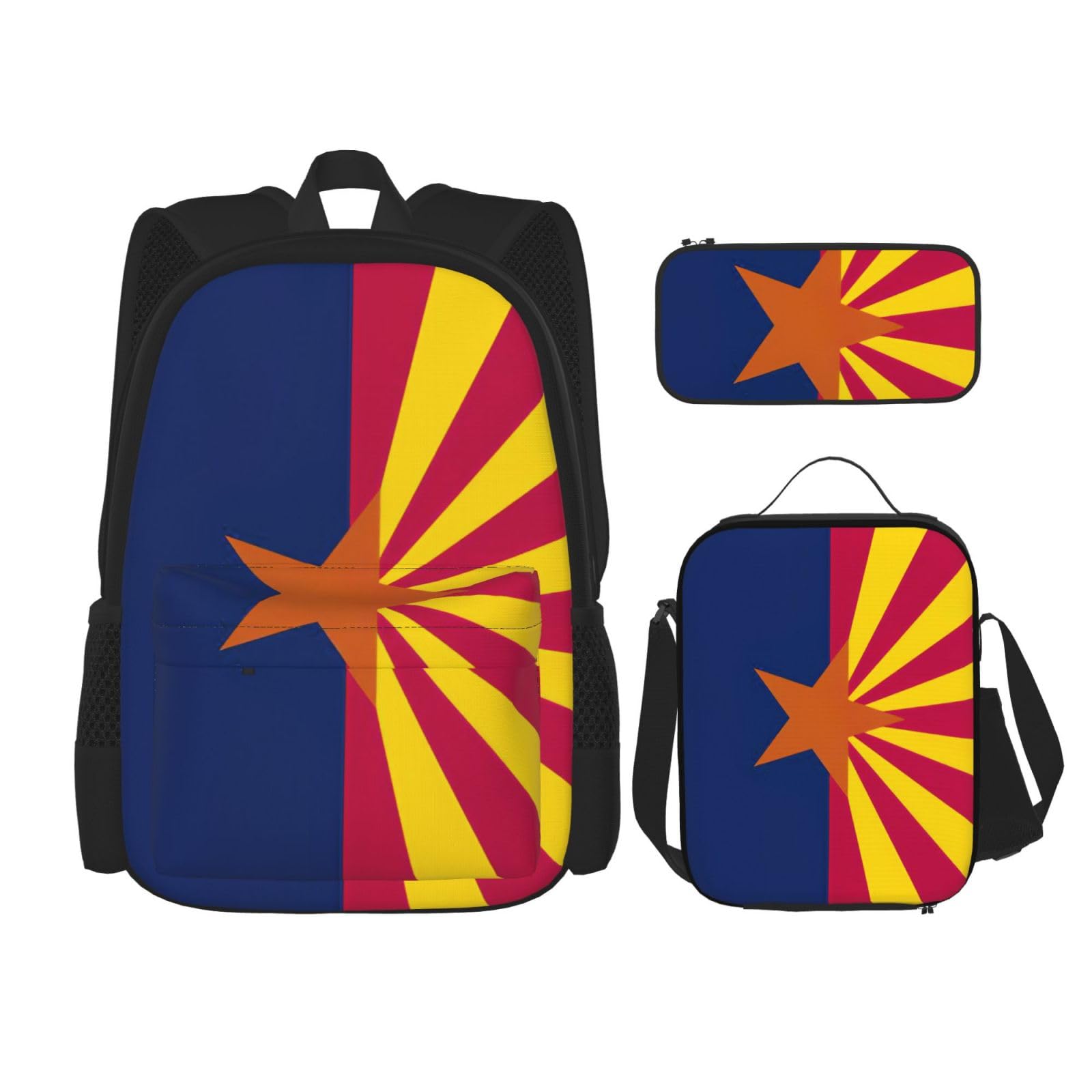 WURTON Arizona State Flag Print Lunchbox Federmäppchen Rucksack Set 3 Stück Verstellbare Träger Langlebig Leicht, Schwarz, One Size