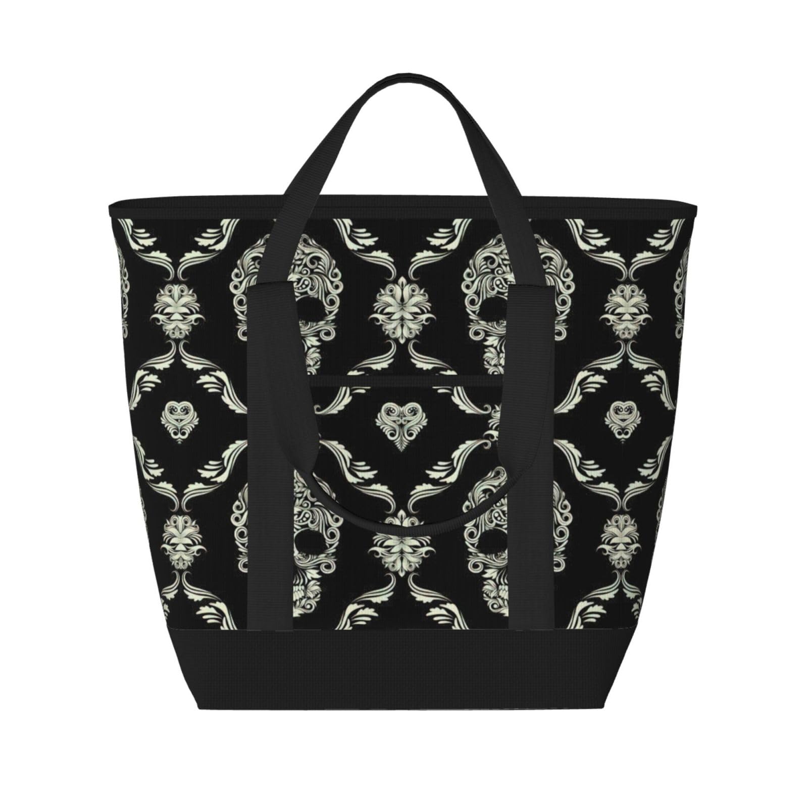 YQxwJL Einkaufstasche mit Blumen-Totenkopf-Motiv, großes Fassungsvermögen, isolierte Lunchtasche, wiederverwendbare Einkaufstasche mit Reißverschluss für Damen und Herren