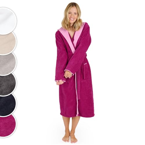 Blumtal Bademantel Damen, kuschelig weicher Bademantel Damen Baumwolle mit gefütterter Kapuze und samtigen Frottee-Velours, Oeko-TEX® Zertifiziert, Größe L, Fuchsia und pink