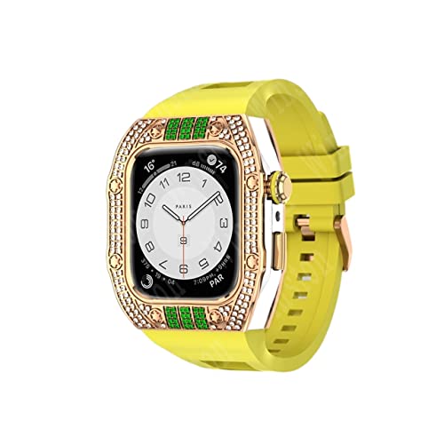 KANUZ Luxuriöses Diamantengehäuse-Modifikationsset, Mod Metallrahmen-Lünette für Apple Watch Band 7, Hülle, 44 mm, 45 mm, Armband für iWatch 7, 6, 5, 4, Set (Farbe: RGY-Diamanten, Größe: 44 mm für