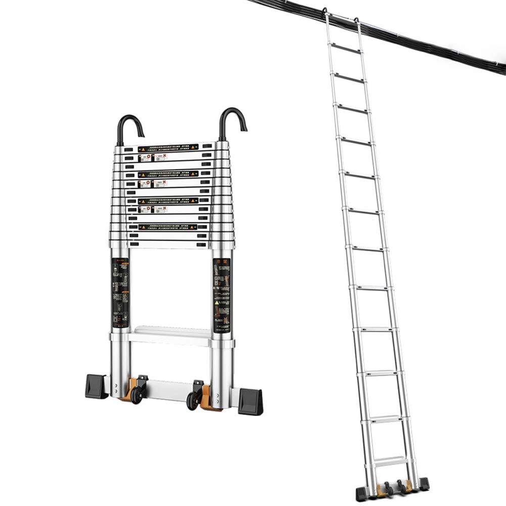 RASOANOA Teleskopleitern, zusammenklappbare, tragbare Teleskopleiter aus Aluminium für den Außenbereich im Wohnmobil, 1,8 m/2,5 m/3,2 m/3,9 m/4,6 m/5,3 m, Abnehmbarer Haken/1,8 m/5,9 Fuß Ambitious