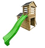 Spielhaus Kinder Outdoor Holzhaus 118 x 248 cm - Gartenhaus Kinder Spielturm mit Rutsche - Spielhäuser aus Naturmaterial - Garten Spielhaus Modularer Aufbau (Hellgrüne Rutsche)