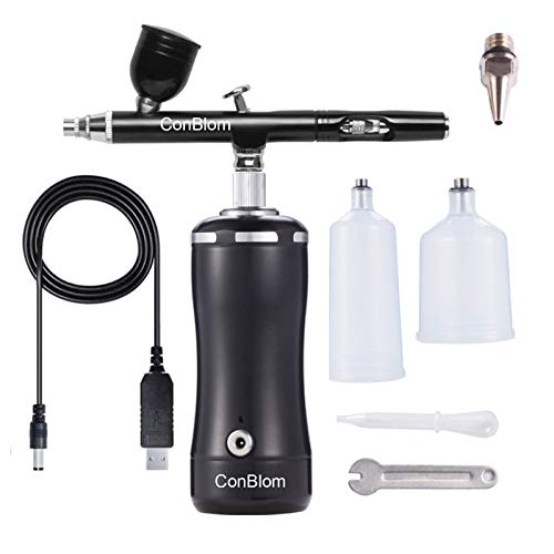 ConBlom Airbrush Kompressor Set, 0.3 mm Mini Luftkompressor, Tragbare Spritzpistole mit Aufladbarer Kompressor, für Modellbau,Make-up,Tattoo,Kuchen,Nailart und Handwerk