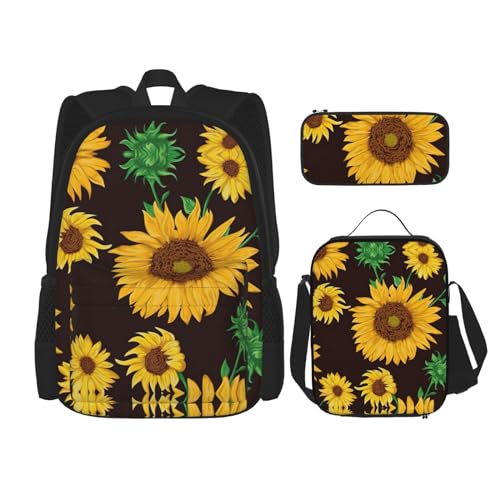 WURTON Schöne Sonnenblume. Bedruckter Schulrucksack, 3-in-1-Büchertaschen-Set mit Lunchbox, Federmäppchen, Reise-Laptop-Tagesrucksäcke