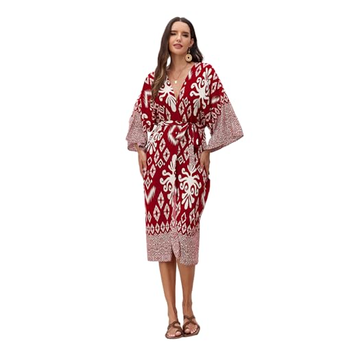 Zdprkqzvz Damen Kimono Cardigan Mit Offener Vorderseite Geometrischer Druck Lockeres Oberteil Mit Gürtel Langärmeliges Strandkleid Badeanzug Vertuschung