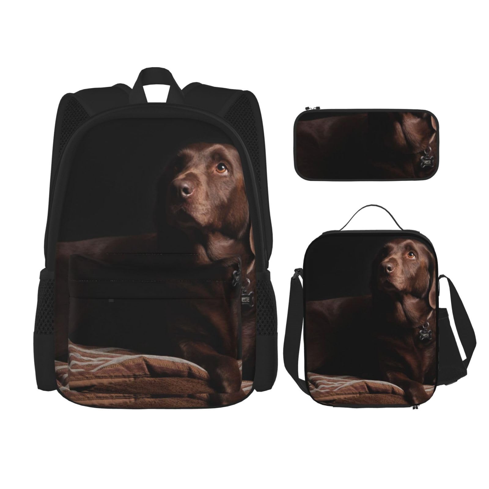 DENMER Mehrzweck-Schultasche mit passendem Federmäppchen und Lunchtasche, stilvolle All-in-One-Lösung, Braun Labrador Retriever, Einheitsgröße