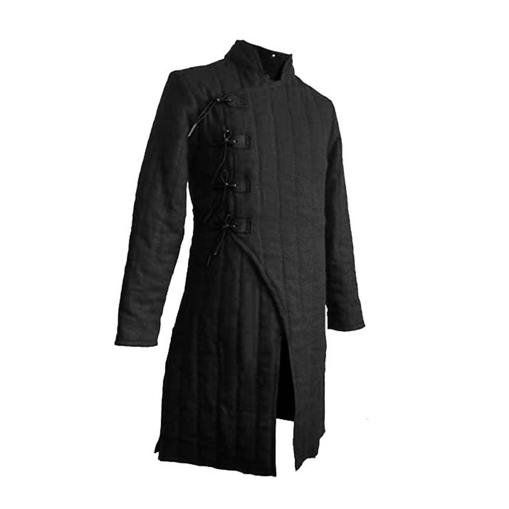 AnNafi® Mittelalterlicher dick gepolsterter Gambeson-Mantel, Aketon, volle Ärmel, Gambeson-Kostüm, Theater-Kostüm, SCA schwarz, Schwarz, XXL