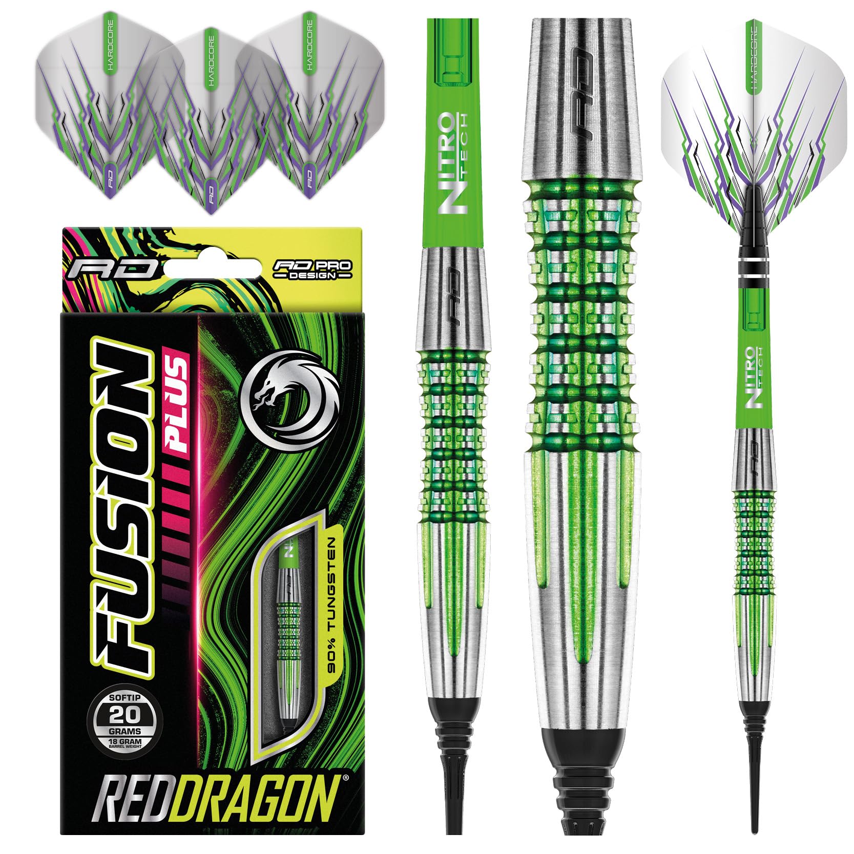 RED DRAGON Fusion Plus 18 Gram Softip Professional Tungsten Darts Set mit Flights und Schäfte