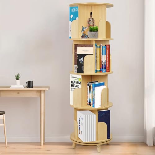 Nisorpa 360° drehbares Bücherregal, 4 Ebenen, drehbares Bücherregal mit 4 Beinen, Holzfarbe, Bücherregal, Eckboden, Standregal, Aufbewahrungsregal, Buch-Organizer für Schlafzimmer, Wohnzimmer,