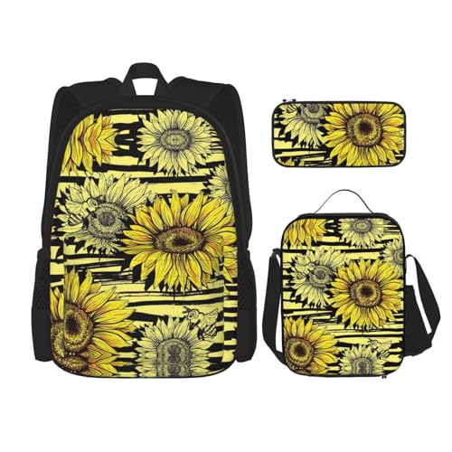 WURTON Bienen Sunflowe Druck Reise Lunchbox Federmäppchen Rucksack Set 3 Stück Verstellbare Träger Leicht, Schwarz, One Size