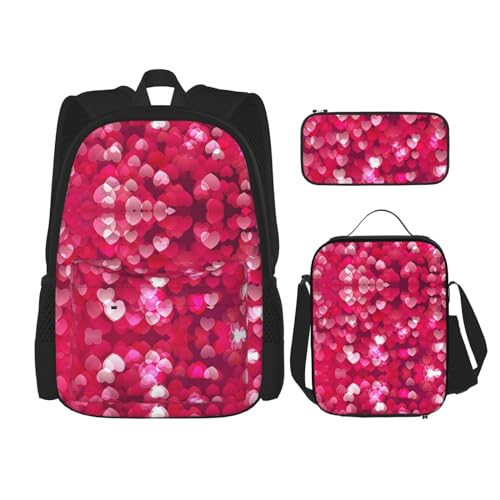 WURTON Valentine'S Day Love Heart Print Lunch Box Pencil Case Backpack Set 3 Pieces Adjustable Straps Durable Lightweight, Schwarz, One Size