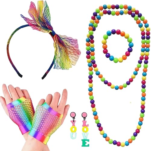 80er-Jahre-Kostüm-Zubehör, Spitze, Stirnband, bunte Ohrringe, Fischnetz-Handschuhe, Halskette, Armband, Verkleiden für Themenpartys, 80er-Jahre-Kostüm-Zubehör-Set, Fischnetz-Handschuhe, Halskette,