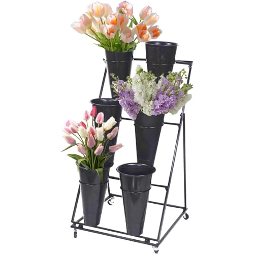 Blumenständer, Metalltransport Blumenregal, Eiserner Florist mit 4 Universalrädern und Plastikeimer, für Wohnzimmer, Garten, Hof, Florist, Balkon, Terrasse,3 Tier 6 Black Bucket