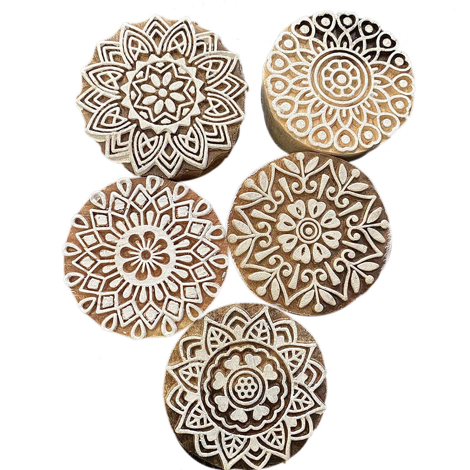 AnNafi® Traditionelle Mehendi-Muster Mandala und runde Holzblockstempel (5 Stück) | runder Holzdruck Block Stempel - DIY Henna-Stoff Textil Papier Ton Töpferblock Druckstempel