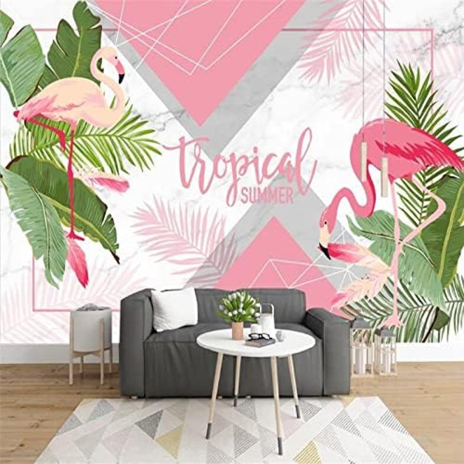 XLMING Flamingo Geometrisches Marmormuster 3D Tapete Wohnzimmer Sofa Schlafzimmer Esszimmer Home Dekoration Wand-350cm×256cm