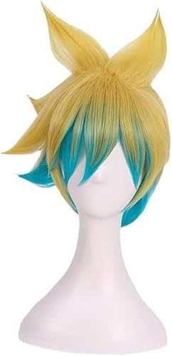 LINLINCD-Wig Anime Cosplay LoL Cosplay Perücke for Ezreal goldblaue hitzebeständige Faser kurzes lockiges Haar synthetische Perücke mit gratis Perückenkappe for Halloween Geburtstagsfeier Karneval