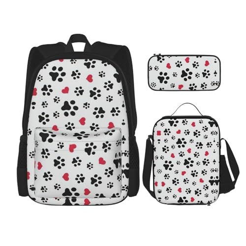 WURTON Love Cat Paw Heart Puppy Foot Print Adjustable Shoulder Straps Backpack Set Lunch Bag Pencil Case Combination Bags Set, Schwarz , Einheitsgröße