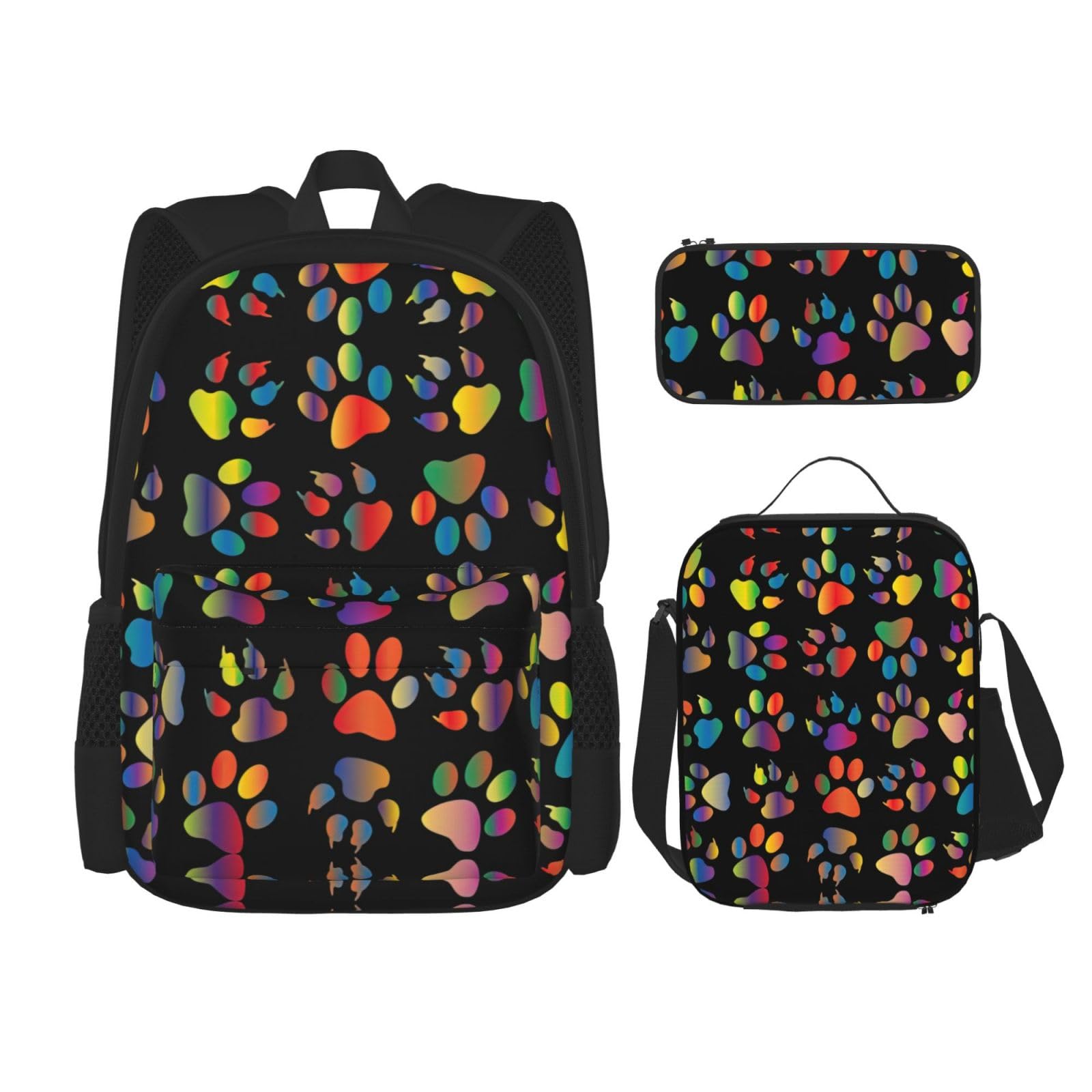 WURTON Bunte Lunchbox mit Hundepfotenabdruck, Federmäppchen, Rucksack-Set, 3-teilig, verstellbare Riemen, langlebig, leicht, Schwarz, One Size