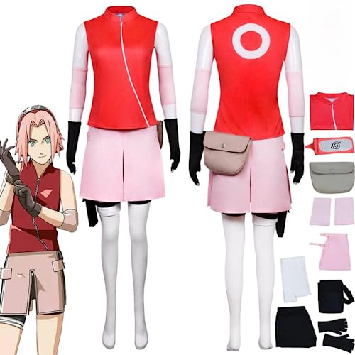 JGZGCG Anime Charakter Haruno Sakura Cosplay Kostüm Outfit Rolle spielen Rot Uniform Full Set Halloween Carnival Party Anzug mit Perücke